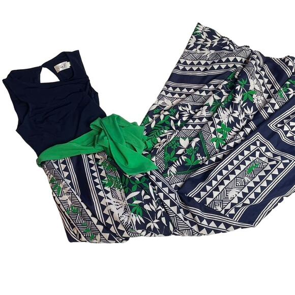 ELIZA J Navy Blue Green Tank Dress Maxi 2 Small Tie Waist Jersey Scarf Print - Picture 1 of 5